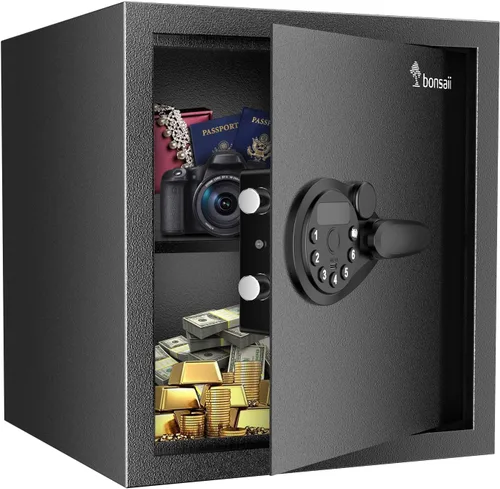 Caja de seguridad Bonsaii, caja de seguridad grande de 1.2 pies cúbicos para documentos, nuevo tipo de cerradura con teclado digital, estante