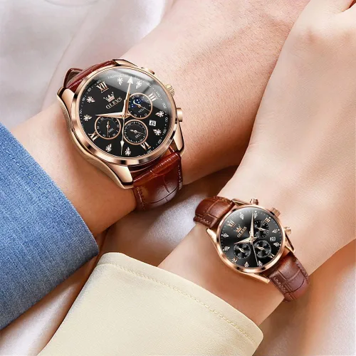 Miniatura 3 de OLEVS Juego de 2 relojes de cuarzo para parejas de San Valentín, para él y ella, cronógrafo de cuero, con diamantes para hombres, mujeres, amantes