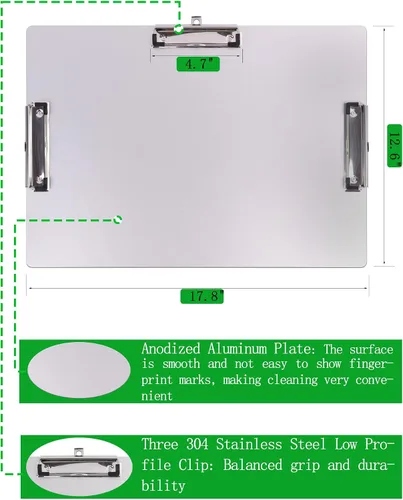 Miniatura 2 de Portapapeles de paisaje de tres clips, tablero de clip de metal con soporte para bolígrafo, portapapeles de aluminio de 11 x 17 pulgadas, tablero