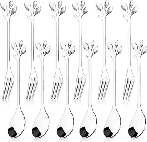 Miniatura 8 de Juego de 12 cucharas de café de acero inoxidable con hojas doradas y tenedores de frutas para tartas, accesorios de cocina, fiesta de boda