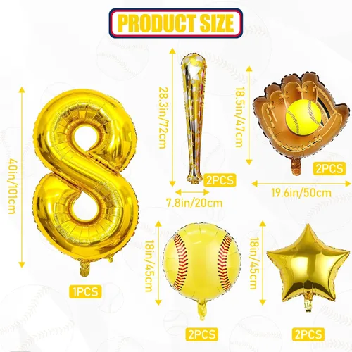 Miniatura 2 de 9 globos de sóftbol – Globos de papel de aluminio Mylar con número de cumpleaños de sóftbol – Suministros y decoraciones para fiestas (8vo)