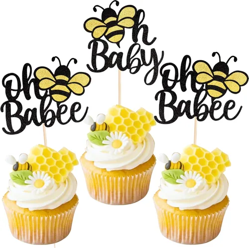 Miniatura 15 de Rsstarxi Paquete de 36 adornos para cupcakes Bee Oh Babee con purpurina Bumble Bee Oh Baby para cupcakes, decoración de pasteles de baby shower