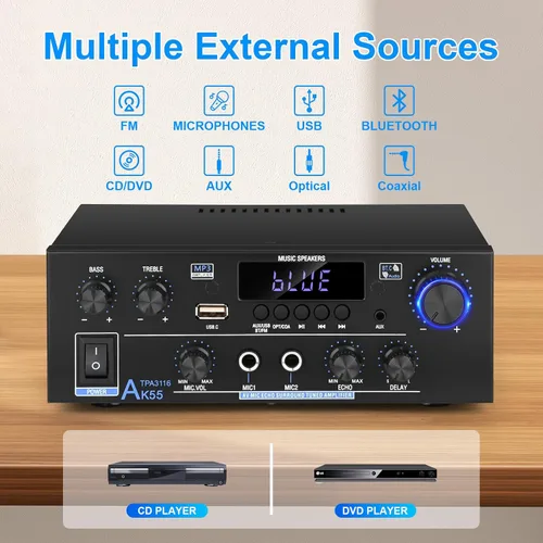 Miniatura 2 de Romica AK55 Amplificador de audio estéreo, 2 canales 500 W Bluetooth 5.0 Receptores estéreo de audio doméstico con FM, Echo, AUX, USB, SD, MIC