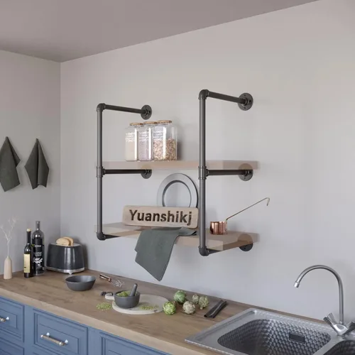 Yuanshikj Soporte de pared, estante con detalles de tubería de hierro, soporte decorativo vintage negro, YSKJ-RT-BR-BLACK-3