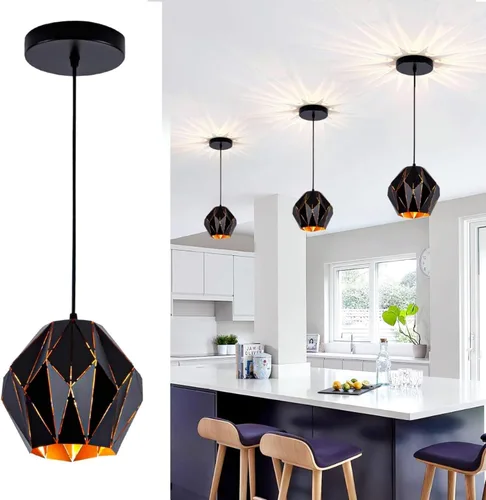 Miniatura 8 de Lámpara colgante industrial vintage negra de 7.9 pulgadas Geometric Diamond Ceiling Hanging Light Fixture, Metal E26 Pendant Lamp for Kitchen