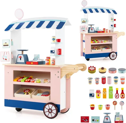 Costzon Juego de tienda de comestibles para niños, juego de soporte de mercado de simulación para niños pequeños con 30 piezas de juguetes de juego,
