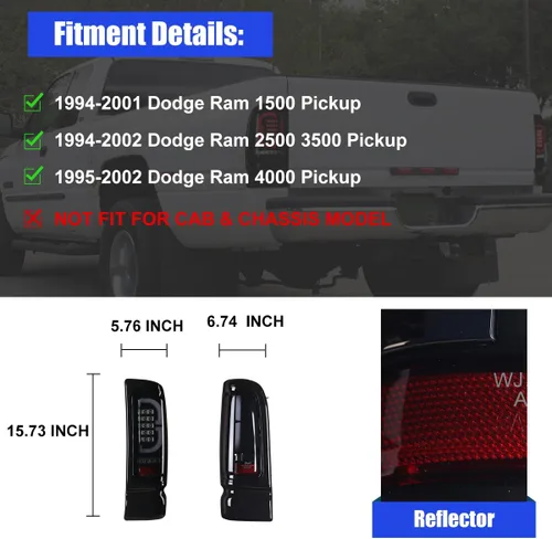 Miniatura 3 de Nixon Offroad Conjunto de luces traseras LED para Dodge Ram 1500/1994-2002 Dodge Ram 2500/3500 1994-2002, par de luces traseras LED para Dodge Ram