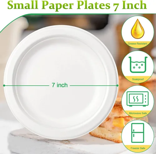 Miniatura 2 de Platos de papel pequeños, paquete de 200 platos de papel de 7 pulgadas, platos desechables para pastel de postre, platos 100% compostables hechos