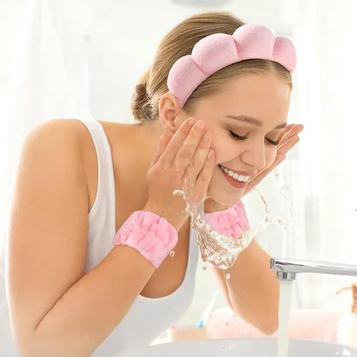 Miniatura 4 de WSICSE Diadema de esponja rosa para lavar la cara, diademas para el cuidado de la piel acolchadas para mantener el cabello seco, prepárate