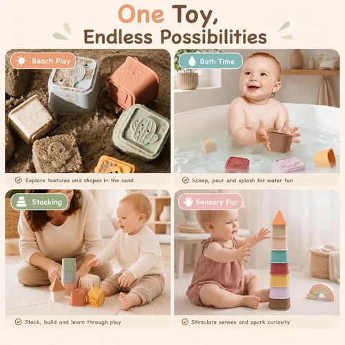 Miniatura 5 de Tazas Apilables para Bebés, Juguetes de Apilar de Silicona, Torre Educativa de Construcción para Bebés 6M+, Bloques de Construcción Blandos