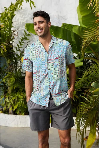 Miniatura 4 de Camisa hawaiana para hombre, con estampado floral, cómoda, con botones, casual, manga corta, ropa de playa para hombre