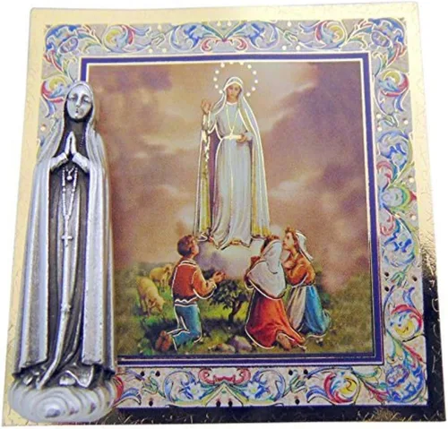 Our Lady of Fatima - Juego de regalo de mini santo, estatua pequeña de 1 pulgada de largo y tarjeta de oración