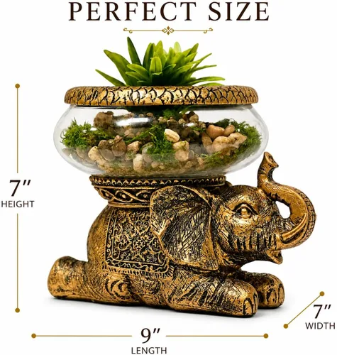Miniatura 5 de Tazón de cristal de elefante de buena suerte, figura decorativa envejecida dorada con cuenco de vidrio extraíble, terrario, portavelas o acuario