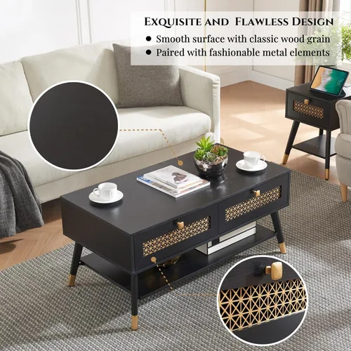 Miniatura 3 de Mesa de centro negra moderna de mediados de siglo con cajones de almacenamiento y estante abierto, mesa rectangular bohemia de madera maciza