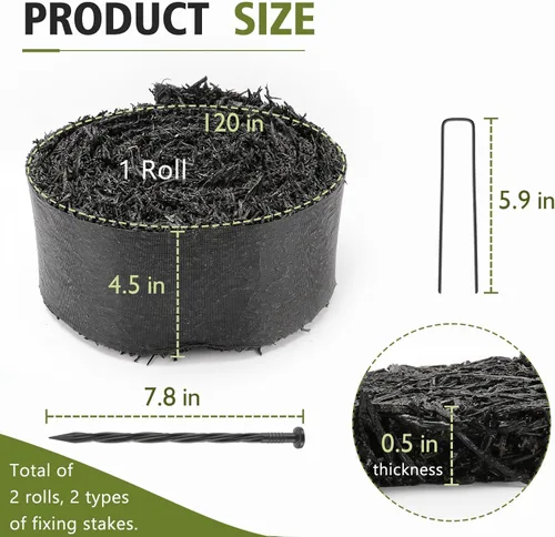 Miniatura 4 de LukLoy Paquete de 2 mantillo de goma negra de 120 pulgadas de largo x 4.5 pulgadas de ancho para paisajismo con estacas de fijación, rollo de tapete
