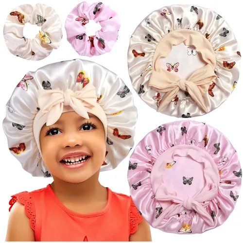 Miniatura 11 de 2+2 gorros de satén con coleteros para niños, bonitos gorros de pelo para niñas para dormir cabello rizado, A