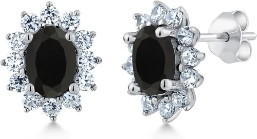 Miniatura 239 de Gem Stone King Aretes ovalados de plata de ley 925 de 0.276 x 0.197 in con piedra natal de la princesa Diana, estilo halo real para mujeres