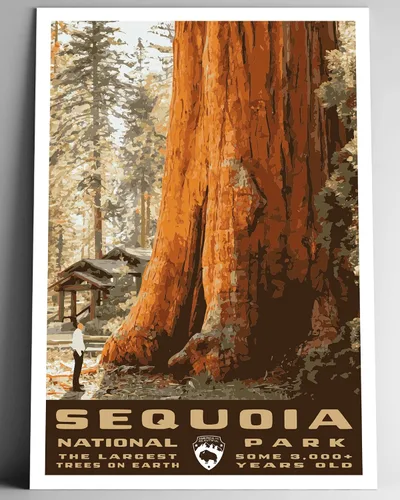 Póster de viaje de estilo vintage del Parque Nacional Sequoia, 8 x 10, 12 x 18, 18 x 24, 24 x 36, 4 x 6, impresión artística estilo WPA, California