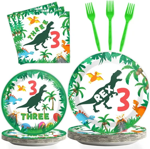 96 piezas de decoraciones de fiesta de dinosaurios 3 Rex suministros de cumpleaños para 3er cumpleaños, juego de vajilla 3 T-Rex desechables de