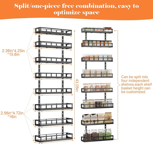 Miniatura 7 de X-cosrack Organizador de especias de 8 niveles ajustable – Organizador para ahorrar espacio montado en la pared con cestas mixtas, soporte para Negro