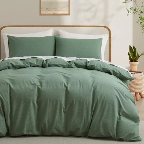 Miniatura 22 de LOVQUE Funda de edredón de algodón verde oliva, tamaño King, juego de ropa de cama natural similar al lino con cierre de cremallera (sin edredón)