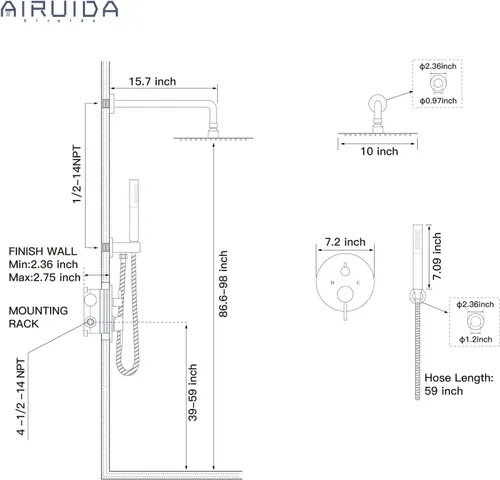 Miniatura 9 de Airuida - Juego de grifo de ducha, juego de grifo de bañera con cabezal de ducha de lluvia de 10 pulgadas y válvula, sistema de ducha de 2 funciones