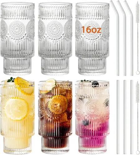 Miniatura 9 de SoulTimes Juego de 4 vasos grandes acanalados de 16 onzas, diseño floral, apilables, vasos de vidrio con textura vintage, juego de vasos para beber