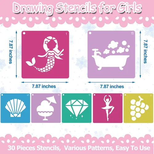 Miniatura 2 de LanMa 30 plantillas de dibujo para niños y niñas, plantillas coloridas de pintura de plástico de 8 x 8 pulgadas, tiza para acera