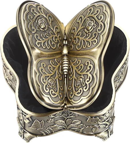 Hipiwe Caja de joyería de metal vintage, organizador de joyas con forma de mariposa, soporte para anillos de cofre del tesoro, caja de