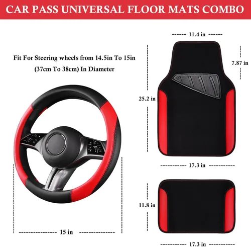 Miniatura 3 de CAR PASS Funda para volante de cuero sintético y alfombrillas impermeables para auto, combo universal para el 95 % de sedanes, SUV, vehículos, Rojo