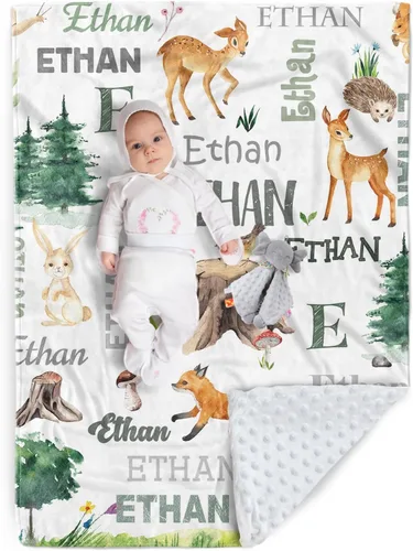 Miniatura 27 de Manta de bebé personalizada, nombre personalizado con diseño de animales del bosque, manta de felpa suave con respaldo punteado de doble capa