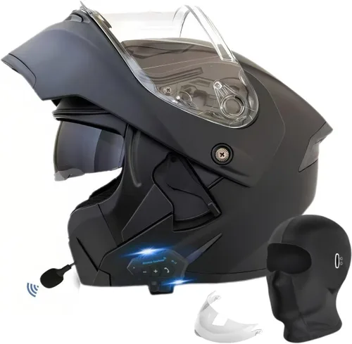 Casco modular Bluetooth para motocicleta, aprobado por DOT, de cara completa con visor abatible, de doble visera, con altavoces duales y micrófono,