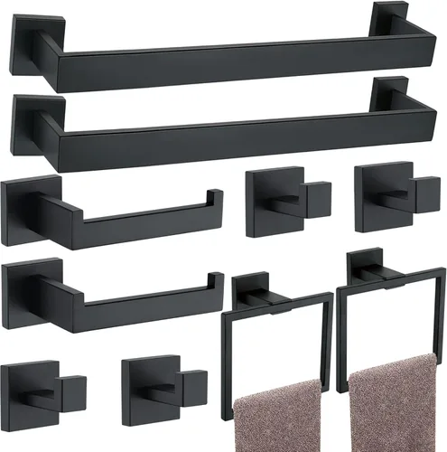 Miniatura 15 de Juego de 5 piezas de accesorios de ferretería para baño en negro mate, juego de toalleros cuadrados de 16 pulgadas para baño, juego de barras