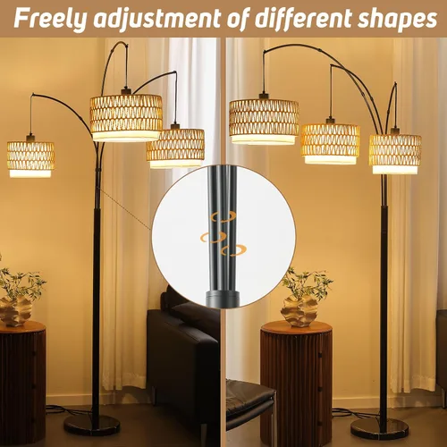 Miniatura 7 de Lámpara de pie de ratán para sala de estar, lámpara de pie boho de 80 pulgadas de altura con interruptor giratorio, lámpara de arco de 3 luces
