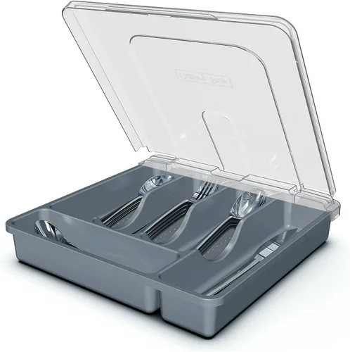 Miniatura 9 de Bandeja para cubiertos con tapa, organizador de cajones para utensilios de cocina, organizador de cubiertos de plástico para encimera de cocina