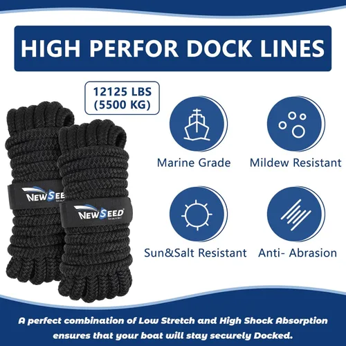 Miniatura 4 de MALZE-NEWSEED Líneas de Amarre Paquete de 2 de 5/8" x 25' Cuerda de Barco de Nailon Trenzado Doble con Ojales de 15", Líneas de Amarre de Grado