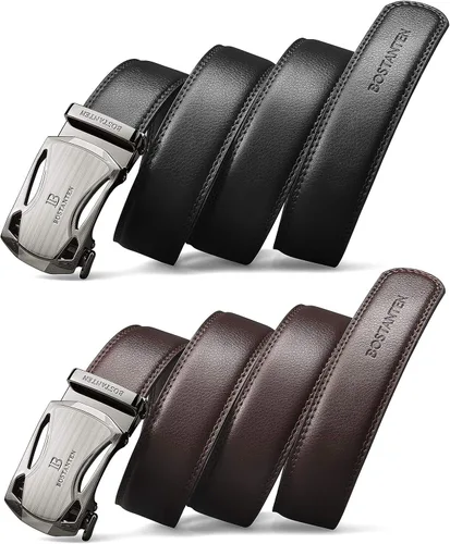 Miniatura 6 de BOSTANTEN Cinturones de vestir de trinquete para hombre, 2 paquetes, cinturones de cuero genuino para hombres con litera deslizante de clic, recorte