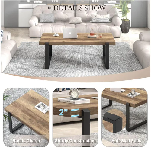 Miniatura 5 de FOLUBAN - Mesa de café rústica, mesa central industrial moderna de madera y metal para sala de estar, 47 pulgadas de roble