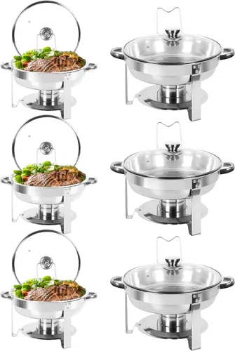 Miniatura 17 de IMACONE Juego de Bandejas Calentadoras de Buffet 4 Piezas, 5QT Redondas de Acero Inoxidable con Tapa de Vidrio para Catering, Conjuntos