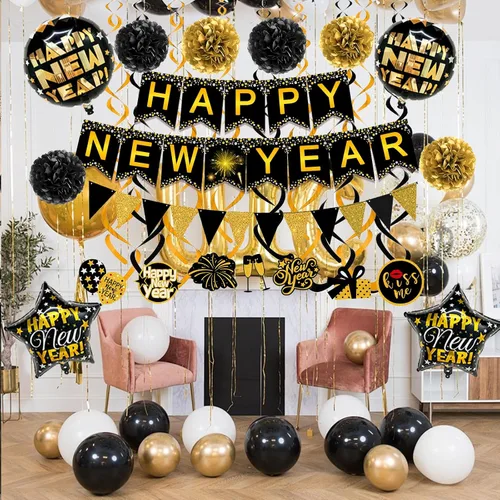 Miniatura 5 de Famoby Cartel de papel con texto en inglés «Happy New Year» con forma de triángulo, pompones y espirales para decoración de fiesta de Año Nuevo