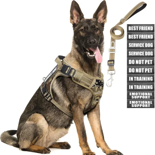 Miniatura 20 de Juego de arnés táctico para perros y correa para perros grandes, chaleco de perro de servicio resistente sin tirones y 10 parches con cinturón