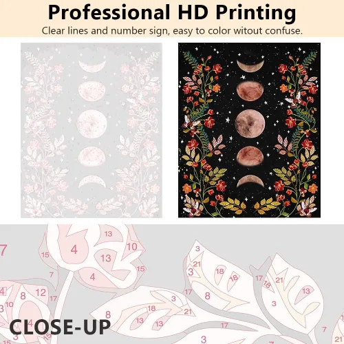 Miniatura 4 de TUMOVO Pintura por Números para Adultos Jardín con Luz de Luna Pintura por Números para Adultos Fase Lunar Rodeada de Enredaderas y Flores Negro Kit