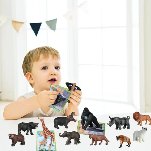 Miniatura 6 de SIENON 12 figuras de animales salvajes con tarjetas, figuras realistas de plástico de zoológico de selva con elefante, león, jirafa, oso, gorila