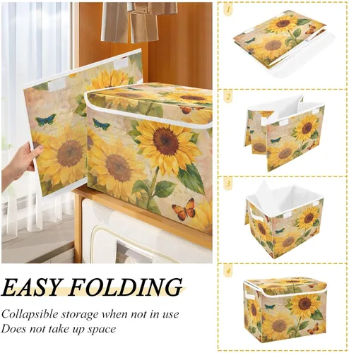 Miniatura 4 de SUABO Contenedor de almacenamiento vintage de girasol y mariposa con tapa, cajas de almacenamiento grandes de tela Oxford, plegables para el hogar