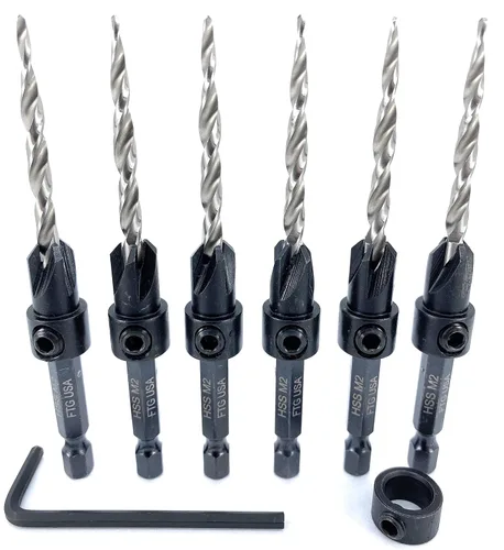 FTG USA Juego de 6 brocas avellanadoras #8 (11/64 pulgadas) con collar de tope de profundidad, llave hexagonal, brocas cónicas para madera