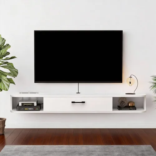 Miniatura 9 de Unidad de TV flotante, armario de TV montado en la pared de 47 pulgadas, estantes flotantes con puerta, centro de consola multimedia