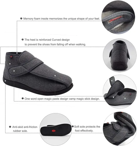 Miniatura 5 de W&LESVAGO Men's Memory Foam Diabetic Shoes, Comfy Warm Plush Fleece House Shoes High-top Wide Width Adjustable Closures Boots for Elderly Arthritis