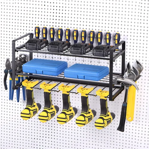 Miniatura 6 de HARFINGTON Organizador de herramientas eléctricas, 3 capas, 4 estantes de almacenamiento de taladros, estilo de montaje en pared, estante