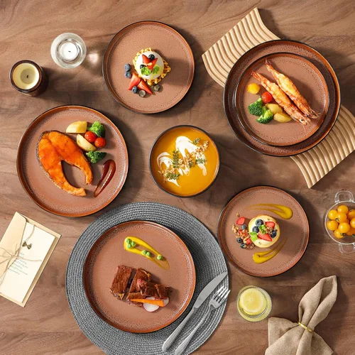 Miniatura 2 de vancasso Juego de platos y cuencos, juego de vajilla de gres de 18 piezas para 6, juego de platos de cocina de gres apto para microondas y Marrón