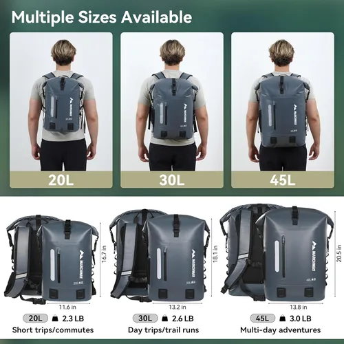 Miniatura 5 de MARCHWAY Mochila impermeable con parte superior enrollable, bolsa seca flotante de 20L/30L/45L con base rectangular ergonómica, espalda acolchada